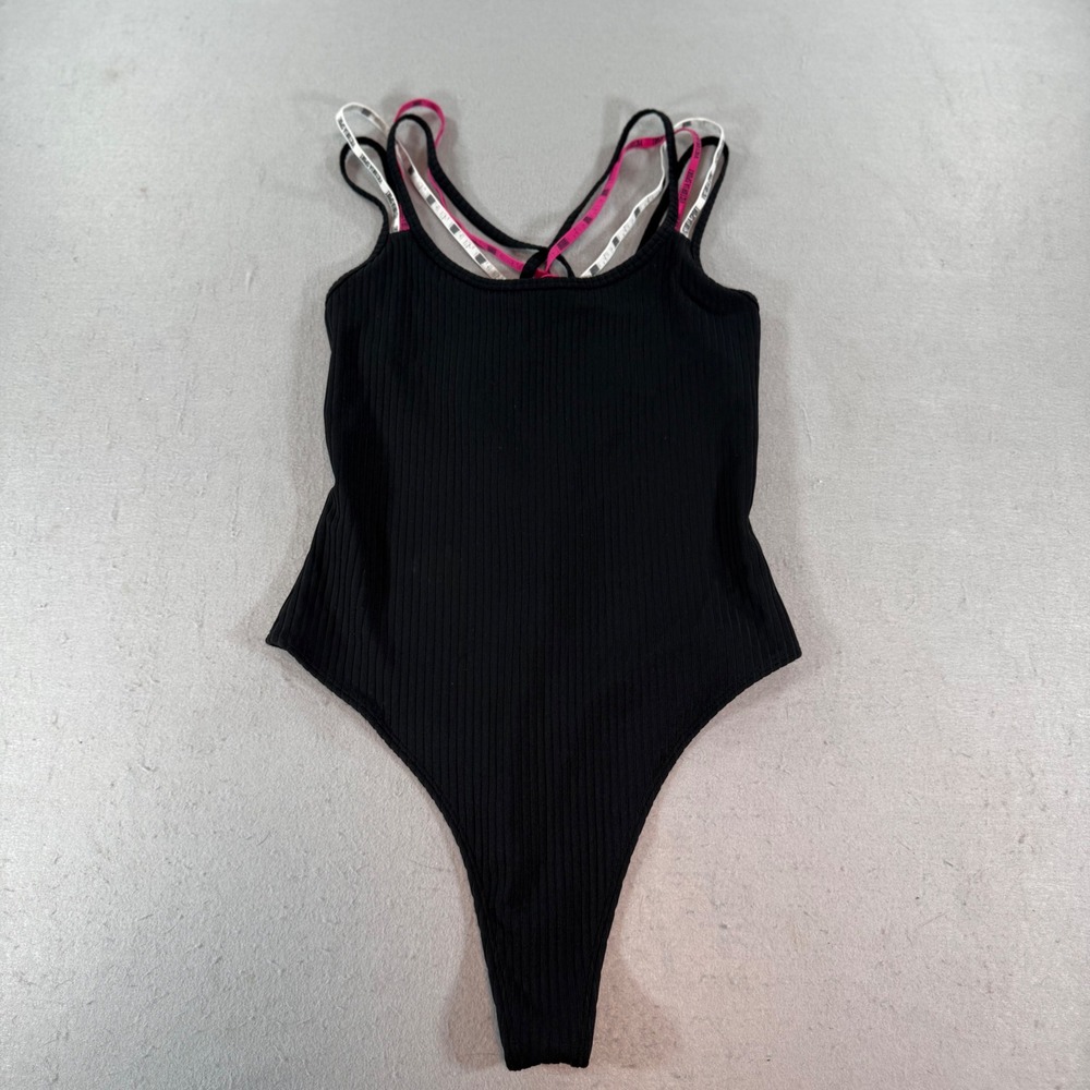 Victoria Sport‎ Ribbed Bodysuit Womens Black Strappy Crisscross Logo